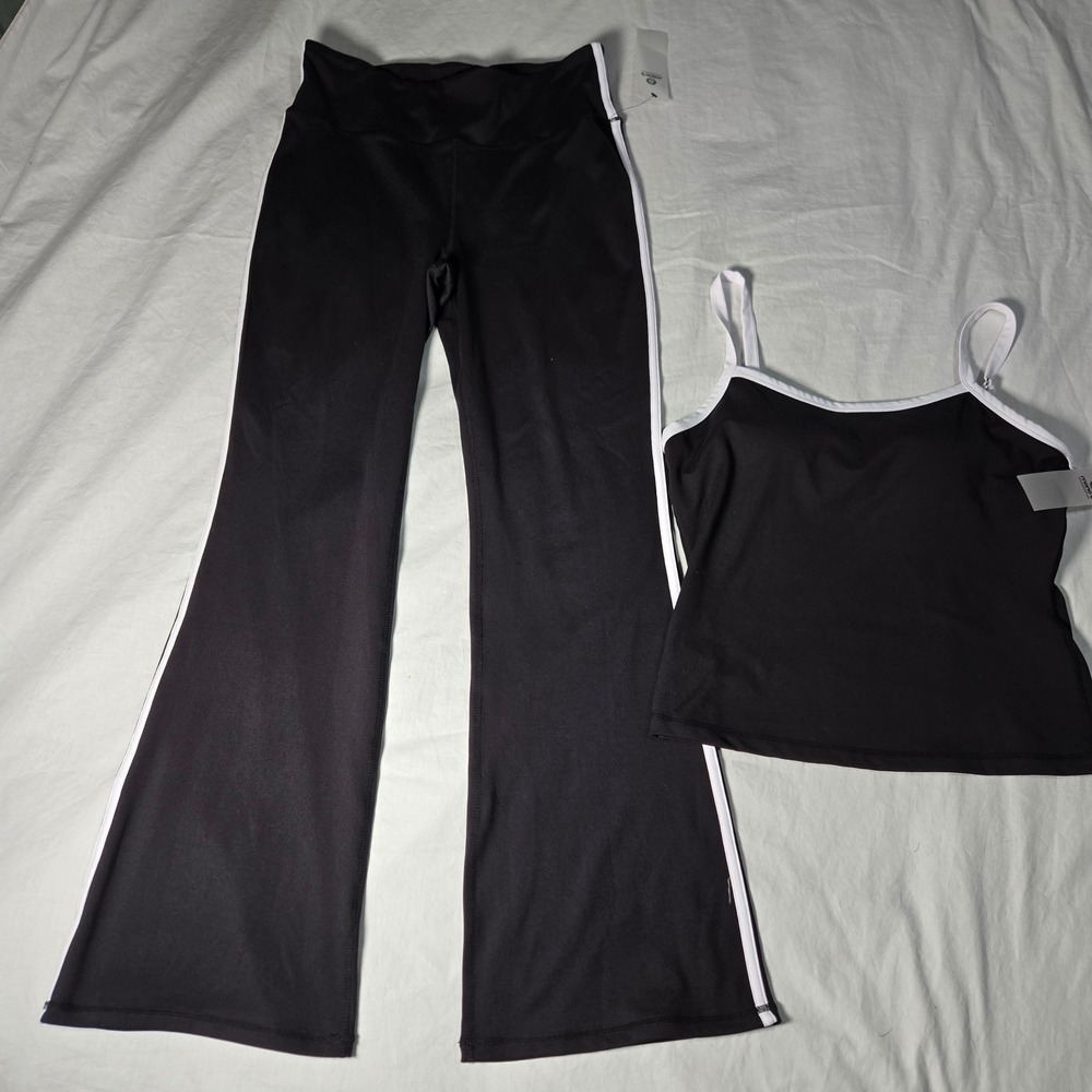 Mono B Black White Stripe Cami Shelf Bra Top and Flare Leggings Set Large NWT